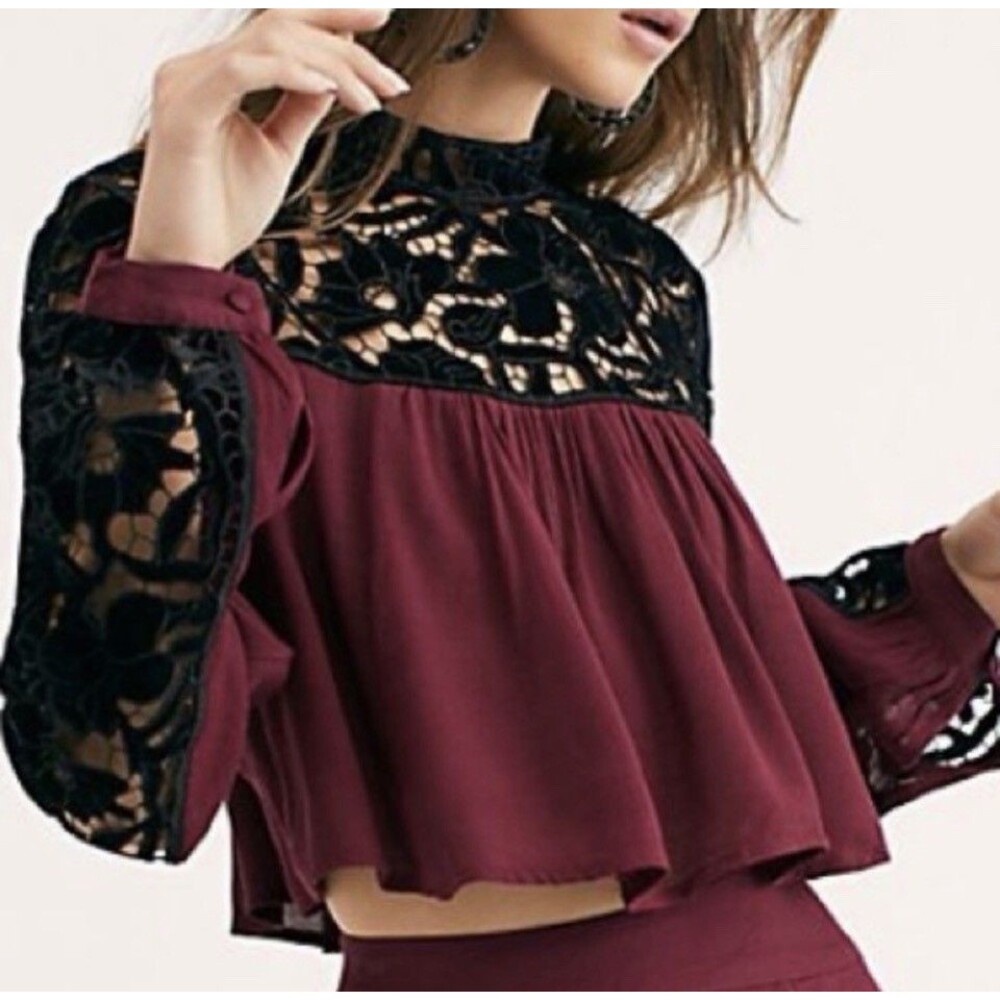 Free People Two Hearts Velvet Embroidered Cropped Top Black Burgundy Size 4
